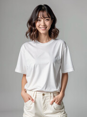 Fototapeta premium Clean White Tshirt on Asian Female Model – Front View Image