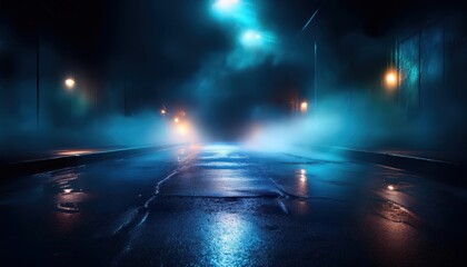 Vibrant Neon Lights Illuminating a Damp Cityscape at Night A Striking Scene of Wet Asphalt Reflecting Shimmering Reflections and a Solitary Searchlight Piercing Through the Smoke in a