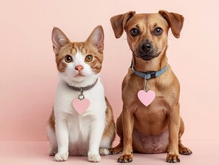 Love Your Pet Day concept. A cat and a dog sit side by side, both wearing heart-shaped tags against a soft pink background.