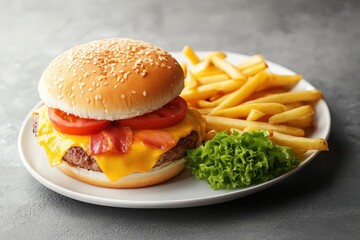Juicy bacon cheeseburger fries plate restaurant meal