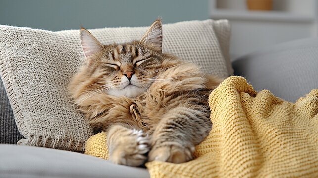 Love Your Pet Day concept. Fluffy cat napping comfortably on a couch, surrounded by soft pillows and a cozy blanket.