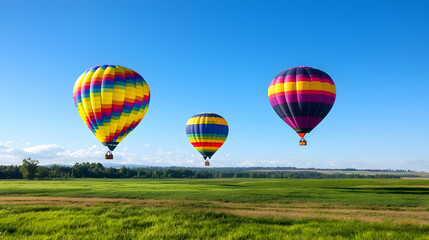 Obraz premium Colorful hot air balloons soar over green field, sunny day. Travel advertisement
