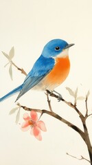 Bluebird Perched on Branch with Delicate Pink Blossoms