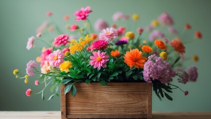 Charming Wooden House Planter Overflowing with Vibrant Flowers on a Soft Green Background.