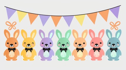 Naklejka premium Cartoon Easter Bunnies with Bow Ties Celebrating Spring Decorated with Bunting for Easter celebration