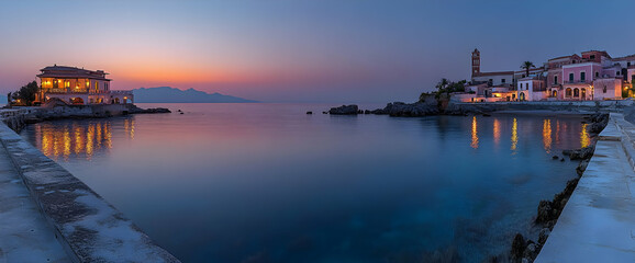 Serene Twilight Seascape: Coastal Village at Sunset