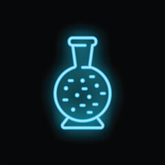 Blue neon icon of a round bottom flask with bubbles, glowing on a dark background, representing a chemistry experiment