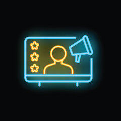 Neon sign representing influencer marketing with megaphone and stars for rating