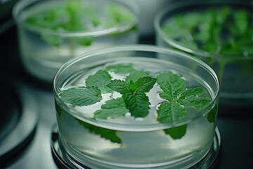 Mint leaves floating in petri dishes filled with clear liquid in a laboratory setting