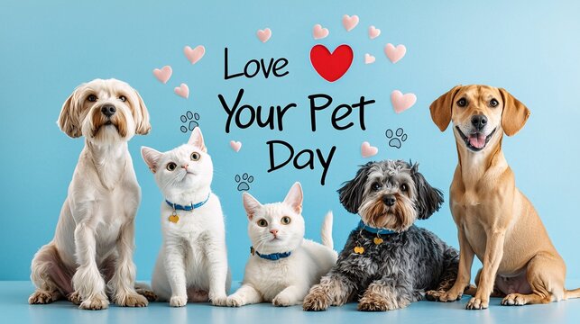 Love Your Pet Day concept. A group of pets including dogs and cats celebrating Love Your Pet Day with hearts and a blue background.