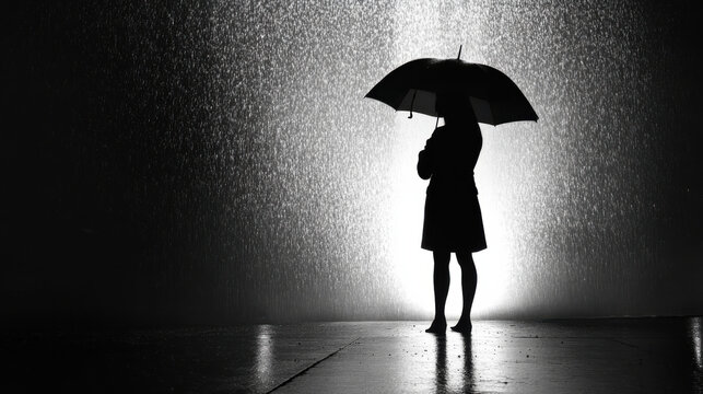 A high-contrast shot of a person's silhouette holding an umbrella against a softly glowing, monochrome background