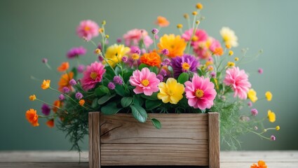 Charming Wooden House Planter Overflowing with Vibrant Flowers on a Soft Green Background
