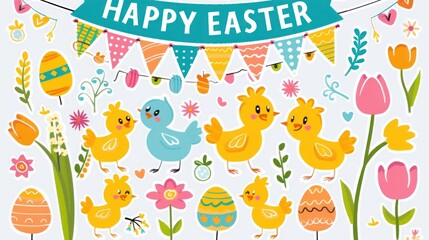Easter Illustration Featuring Colorful Chicks, Eggs, Flowers, and Decorations Perfect for Celebrating the Spring Holiday and Seasonal Greetings