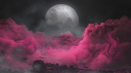 Obraz premium A moody, atmospheric landscape featuring twisted pink trees against a misty, rocky terrain.