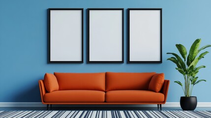 Fototapeta premium A Chic Interior Space Featuring a Stylish Orange Sofa Against a Light Blue Wall with Empty Frames