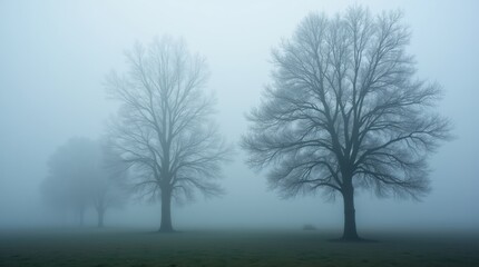 Mysterious Foggy Landscape Featuring Silhouetted Trees Amidst a Dreamy Atmosphere