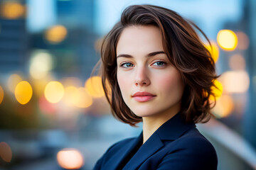 Obraz premium Confident Young Woman with Shoulder-Length Hair and Warm Facial Expression in Urban Setting