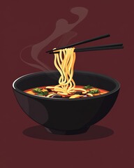 Steaming Noodle Soup Served in a Black Bowl