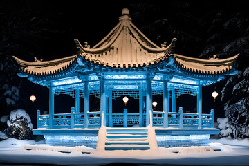 A Chinese New Year celebration held in a temple made of ice, where the walls glow softly in the light of thousands of lanterns, creating a peaceful, serene atmosphere