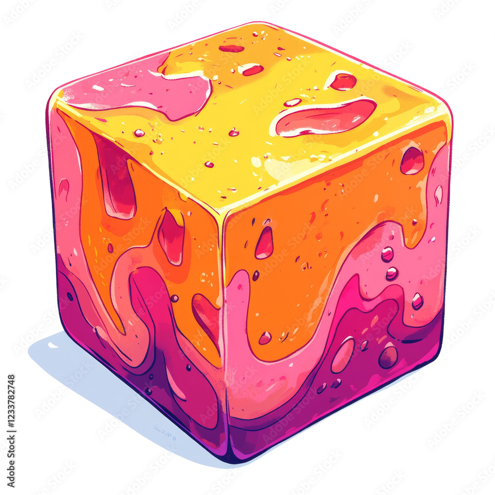 Poster a digital illustration of a vibrant cube with swirling pink and orange hues creating a dynamic and a
