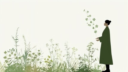 Woman in Green Holding a Plant with Delicate Flora Surrounding in Soft Pastel Colors for Tranquil Nature Theme Illustration or Background Design