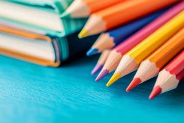 Vibrant Colored Pencils and Notebooks on a Bright Turquoise Surface
