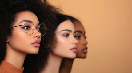 Low angle of young multiracial fashion women wearing glasses, trendy clothes on beige background