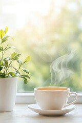 A white coffee cup sits on a saucer next to a potted plant