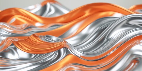 Abstract Liquid Metal Background with Orange and Silver Waves