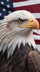 A close-up of a bald eagle with piercing eyes, the flag softly draped behind it, and space for text overlay. For Presidents' Day.
