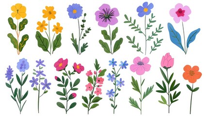 Collection of Floral Illustrations Featuring Various Colorful Flowers and Lush Green Leaves Perfect for Spring and Summer Designs