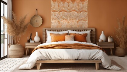 Cozy Boho Farmhouse Bedroom Mockup with White and Orange Accents, Showcasing Textured Wood Furniture and Bohemian Decor, Perfect for Home Staging or Interior Design Inspiration.