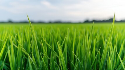 Obraz premium A lush green field of grass under a clear sky, showcasing vibrant blades swaying gently in the breeze.