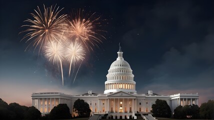 Fototapeta premium A photorealistic night scene of fireworks bursting above the White House and Capitol, with a soft gradient sky for text. For Presidents' Day. 