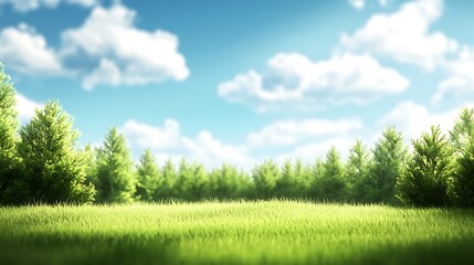 Obraz premium Sunny day, green field, coniferous forest background.
