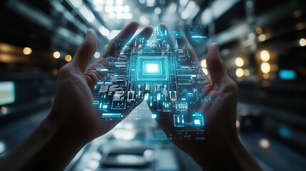 A person extends their hands to reveal a holographic projection of a futuristic microchip circuit board, highlighting the cutting-edge advancements in future technologies.