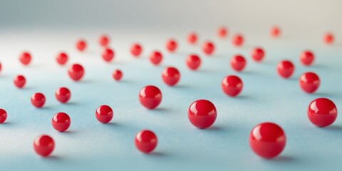Scattered red glossy spheres on gradient surface.