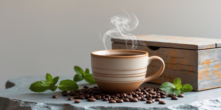 Coffee cup with steam on stone surface surrounded by coffee beans and fresh mint leaves with wooden box in background Copy Space.