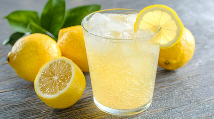 Iced lemon drink with lemons on wood