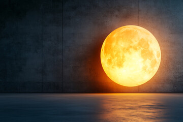 Obraz premium Radiant Full Moon Glowing Against Dark Wall in Dreamy Atmosphere with Calm Water Reflection