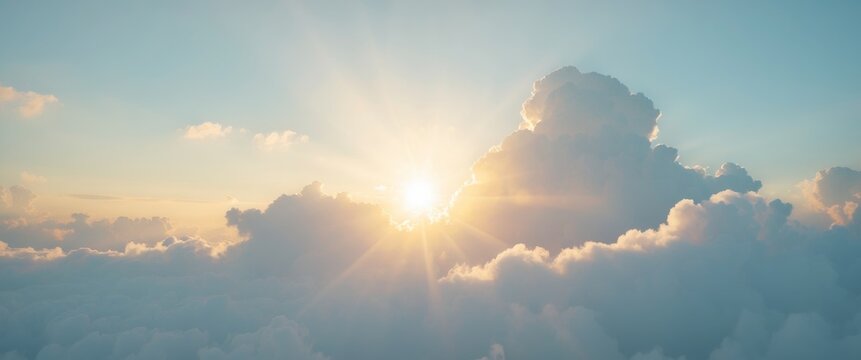 Beautiful cloudy sky with sunshine Peaceful natural background Sunny divine heaven Religion heavenly concept Copy space image Place for adding text or design