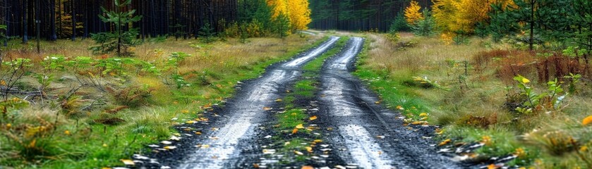 Fototapeta premium A serene dirt road winds through a forest, flanked by lush greenery and vibrant autumn foliage, inviting exploration and tranquility.