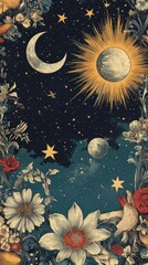 Vintage maximalist wallpaper nature night illustration.