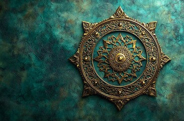 Ornate Bronze Mandala Wall Decor on a Teal Background

