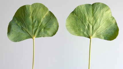 Fototapeta premium Close-Up View of Two Large Green Leaves on Soft Background Emphasizing Natural Texture and Vibrancy of Plant Life, Perfect for Organic or Nature-Themed Projects