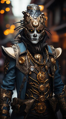   a knight standing with decorated War Suit and ornaments blurry background