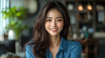 Obraz premium A smiling woman in a casual blue shirt, showcasing a warm and inviting atmosphere.