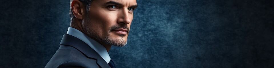 Obraz premium Close-up of a confident executive with dramatic lighting on a textured dark blue background