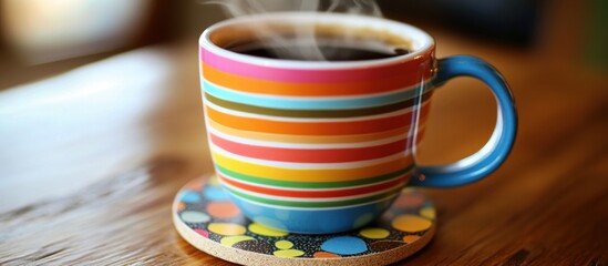 A Colorful Mug of Hot Coffee on a Wooden Table