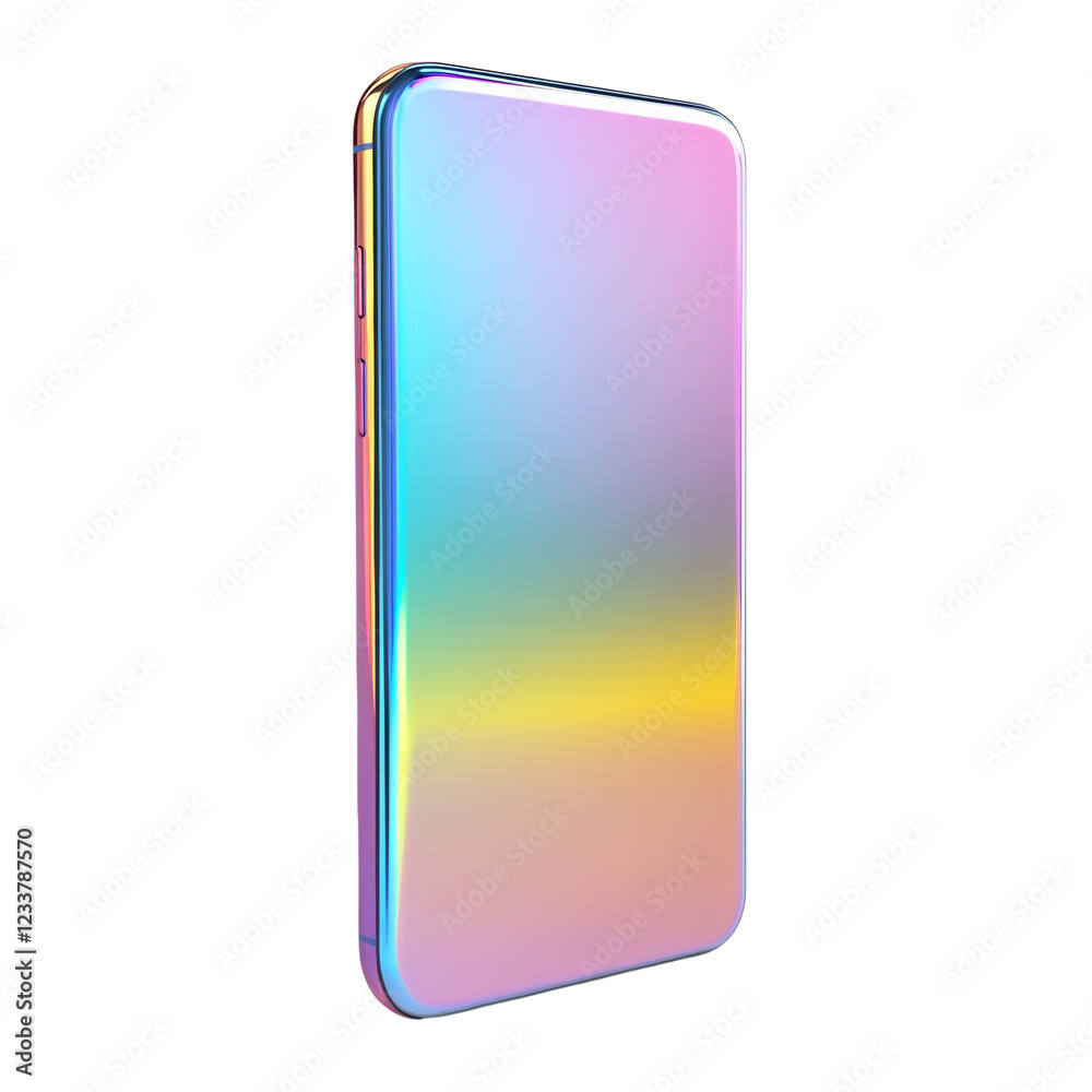 Poster a modern smartphone with a sleek design showcases a vibrant iridescent gradient across its screen.